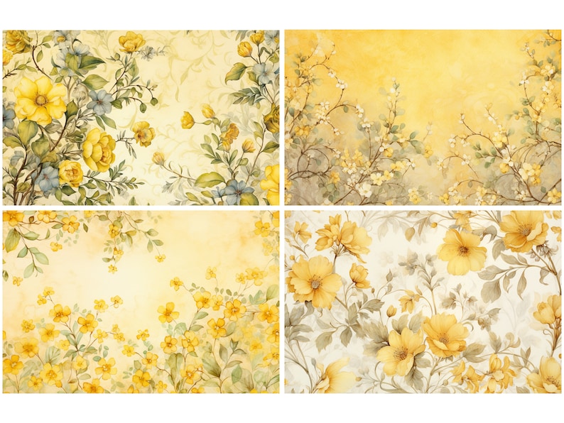 May include: A digital collage of four images featuring yellow flowers on a yellow and white background. The images are arranged in a grid pattern.