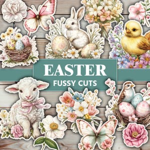 May include: A set of Easter-themed fussy cuts featuring a white bunny, a yellow chick, a butterfly, a lamb, a bird in a nest, and various floral arrangements. The fussy cuts are ideal for scrapbooking, card making, and other craft projects.