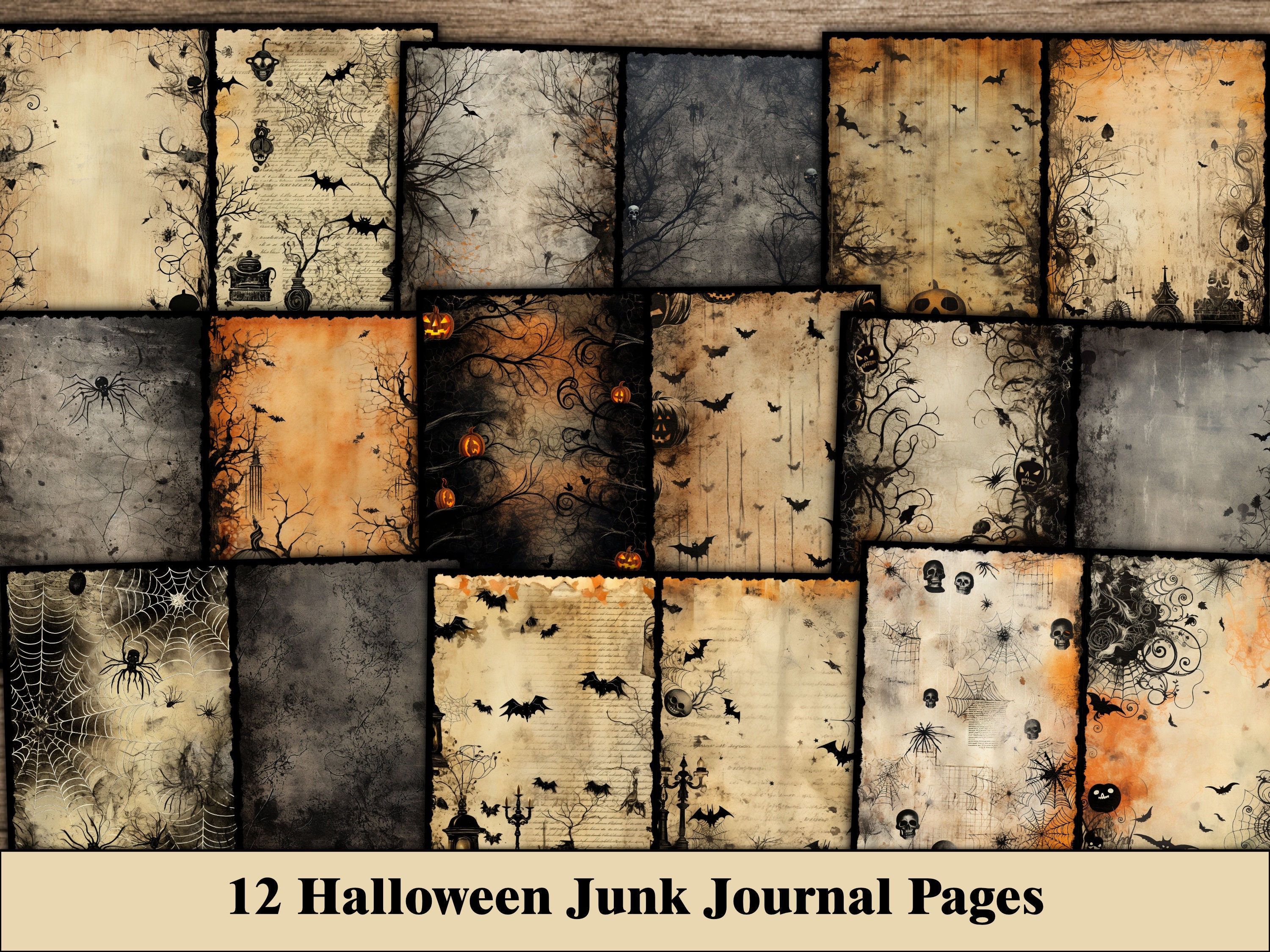 Pages de journal indésirable d’Halloween, papier de scrapbook numérique d’Halloween, papiers d’artisanat imprimables effrayants, citrouille, orange, foncé, fond noir
