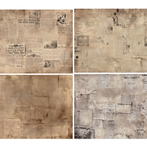 May include: A collage of four vintage newspaper pages with faded text and images. The pages are a light brown color and have a worn, aged look. The text is in a variety of fonts and sizes, and the images are mostly black and white.