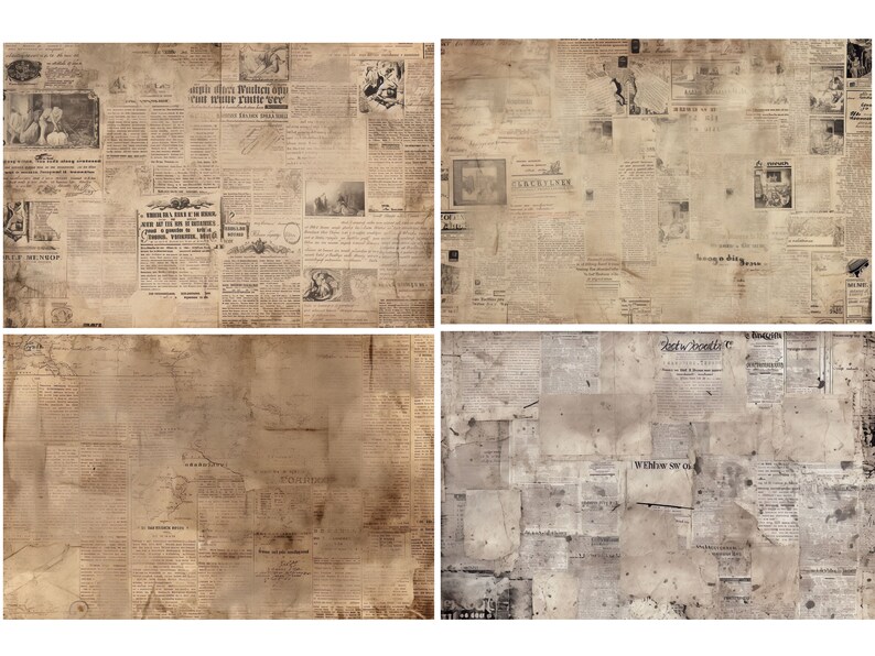 May include: A collage of four vintage newspaper pages with faded text and images. The pages are a light brown color and have a worn, aged look. The text is in a variety of fonts and sizes, and the images are mostly black and white.
