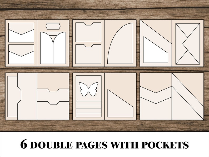 May include: Six double-page spreads with pockets for a planner or journal. Each page has a different design with geometric shapes, lines, and a butterfly.