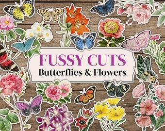 Fussy Cut Flowers & Fussy Cut Butterflies | Botanical Fussy Cut Ephemera For Junk Journals | Floral Fussy Cuts | Junk Journal Kits