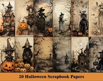 May include: A set of 20 digital scrapbook papers featuring a Halloween theme. The papers feature images of witches, pumpkins, haunted houses, and other spooky elements in a vintage style.