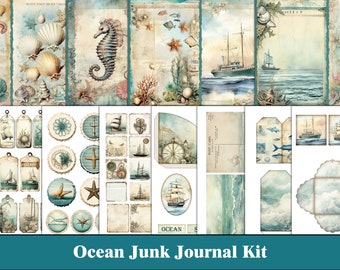 Ocean Junk Journal Kit Blue Junk Journal Pages Tags Sea Nautical Ephemera Beach Marine Junk Journal Turquoise Craft Supplies Digital
