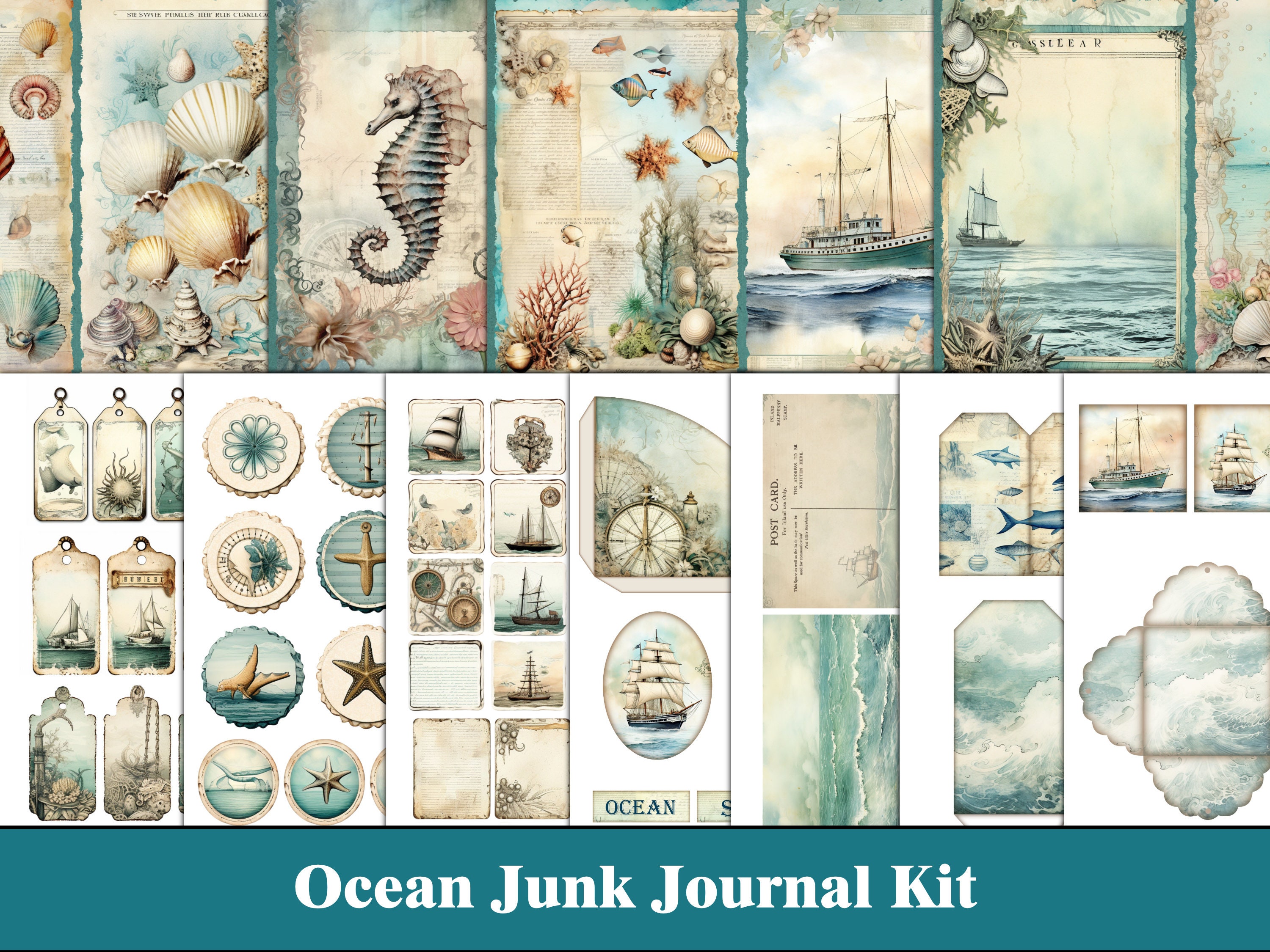 Ocean Junk Journal Kit Blue Junk Journal Pages Tags Sea Nautical Ephemera Beach Marine Junk Journal Turquoise Craft Supplies Digital