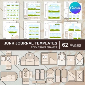 May include: A set of 62 printable junk journal templates featuring various shapes and sizes of pockets, flaps, and tags. The templates are designed for use with a digital cutting machine and include a landscape scene with green hills, blue sky, and white clouds. The text "JUNK JOURNAL TEMPLATES | 62 PAGES PDF + CANVA FRAMES" is displayed at the top of the image.