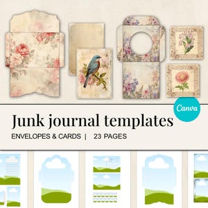 May include: A selection of junk journal templates with envelopes, cards, and decorative elements. The designs incorporate floral patterns, vintage bird illustrations, and aged paper textures. The text reads "Junk journal templates" and "ENVELOPES & CARDS | 23 PAGES".