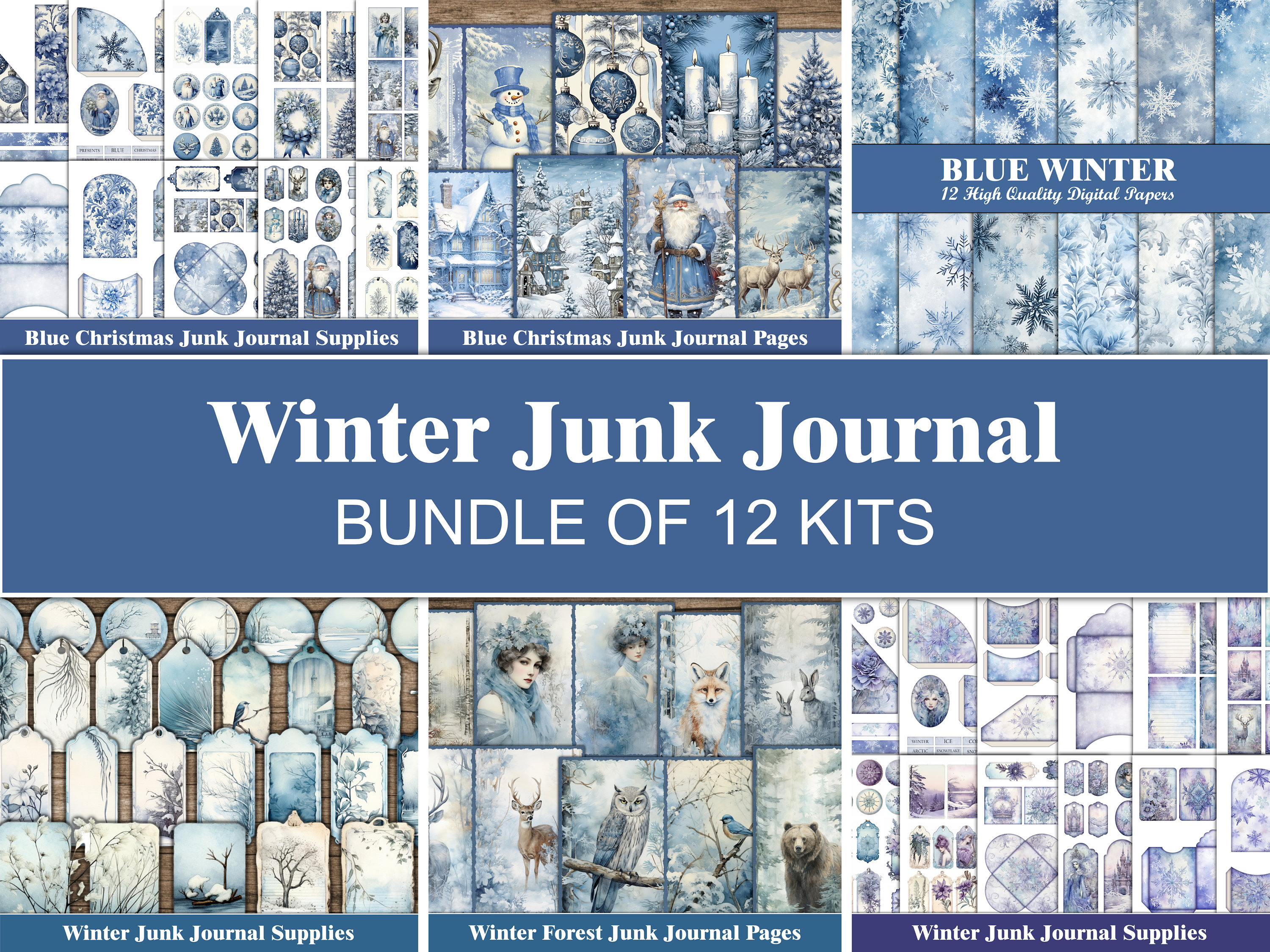 Winter Junk Journal Kit Blue Christmas Junk Journal Pages Purple Winter ...