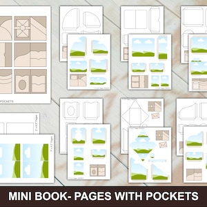 May include: Printable templates for a mini book with pockets. The pages feature a landscape design with green grass, blue sky, and white clouds. The book has a variety of pocket styles, including envelope pockets, flap pockets, and simple pockets.