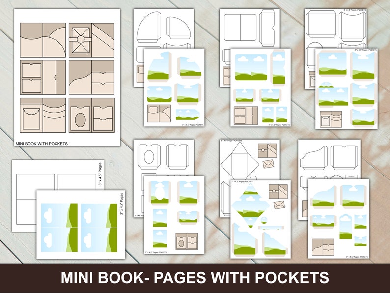 May include: Printable templates for a mini book with pockets. The pages feature a landscape design with green grass, blue sky, and white clouds. The book has a variety of pocket styles, including envelope pockets, flap pockets, and simple pockets.