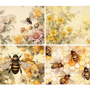 May include: A digital collage of four images featuring bees and flowers. The top left image shows a bee flying over pink and yellow flowers. The top right image shows a bee flying over yellow flowers. The bottom left image shows a bee flying over yellow flowers. The bottom right image shows a honeycomb with bees flying around it.