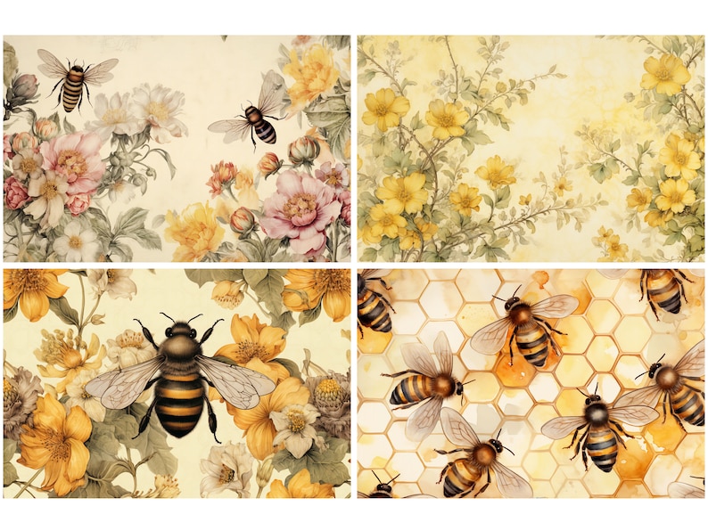 May include: A digital collage of four images featuring bees and flowers. The top left image shows a bee flying over pink and yellow flowers. The top right image shows a bee flying over yellow flowers. The bottom left image shows a bee flying over yellow flowers. The bottom right image shows a honeycomb with bees flying around it.