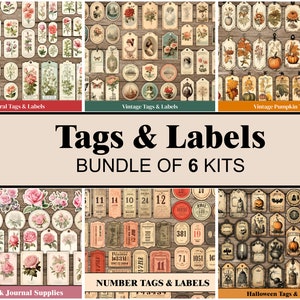 Junk Journal Tags & Labels Number Tags Printable Scrapbooking Digital Grungy Junk Journal Kit Vintage Tickets Botanical Ephemera Bundle
