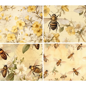 May include: Four digital paper designs featuring a vintage style illustration of bees and flowers. The designs are in shades of yellow, white, and brown on a cream background.
