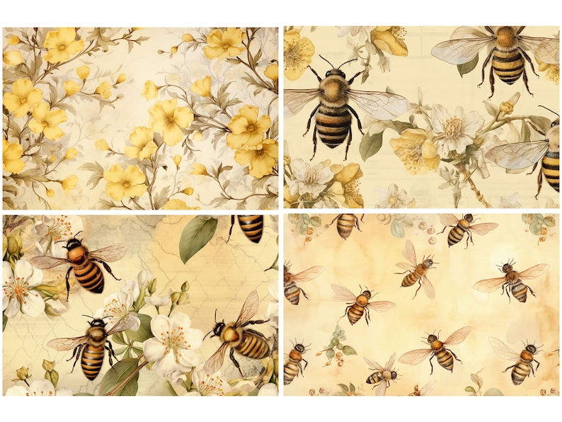 May include: Four digital paper designs featuring a vintage style illustration of bees and flowers. The designs are in shades of yellow, white, and brown on a cream background.
