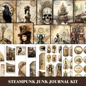 May include: A steampunk junk journal kit with a variety of images, including gears, clocks, and airships. The kit includes a variety of sizes and shapes of paper, as well as tags and embellishments. The kit is perfect for creating a unique and personalized journal.
