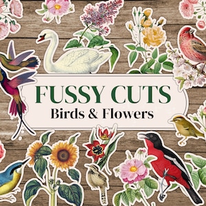 Fussy Cut Flowers & Fussy Cut Birds | Botanical Fussy Cut Ephemera For Junk Journals| Floral Fussy Cuts | Fussy Cut Flower Digital