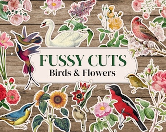 Fussy Cut Flowers & Fussy Cut Birds | Botanical Fussy Cut Ephemera For Junk Journals| Floral Fussy Cuts | Fussy Cut Flower Digital