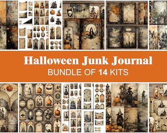 May include: A Halloween Junk Journal bundle featuring 14 kits. The image showcases various vintage-style ephemera, including tags, cards, and decorative elements with spooky illustrations of pumpkins, witches, and haunted houses. The color palette includes orange, black, and sepia tones.