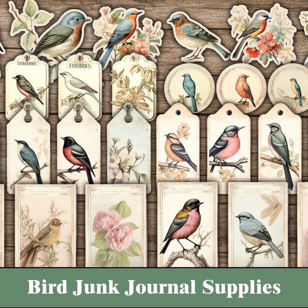 Bird Junk Journal Kit Fussy Cut Birds Supplies Floral Junk Journal Craft Scrapbook Supplies Rose Nature Printable Botanical Ephemera