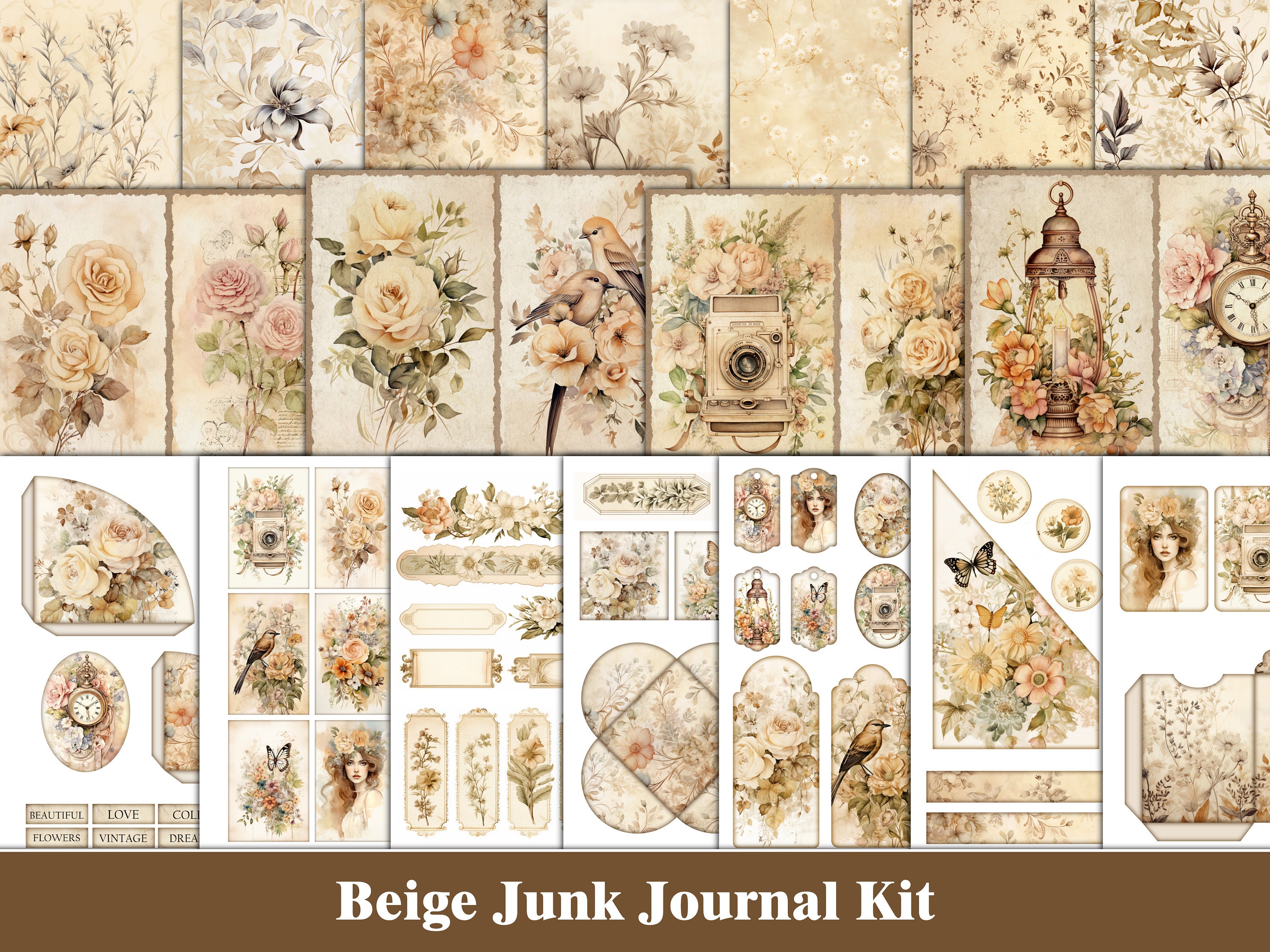 Boho Junk Journal Kit Floral Neutral Junk Journal Rose Nature Printable ...