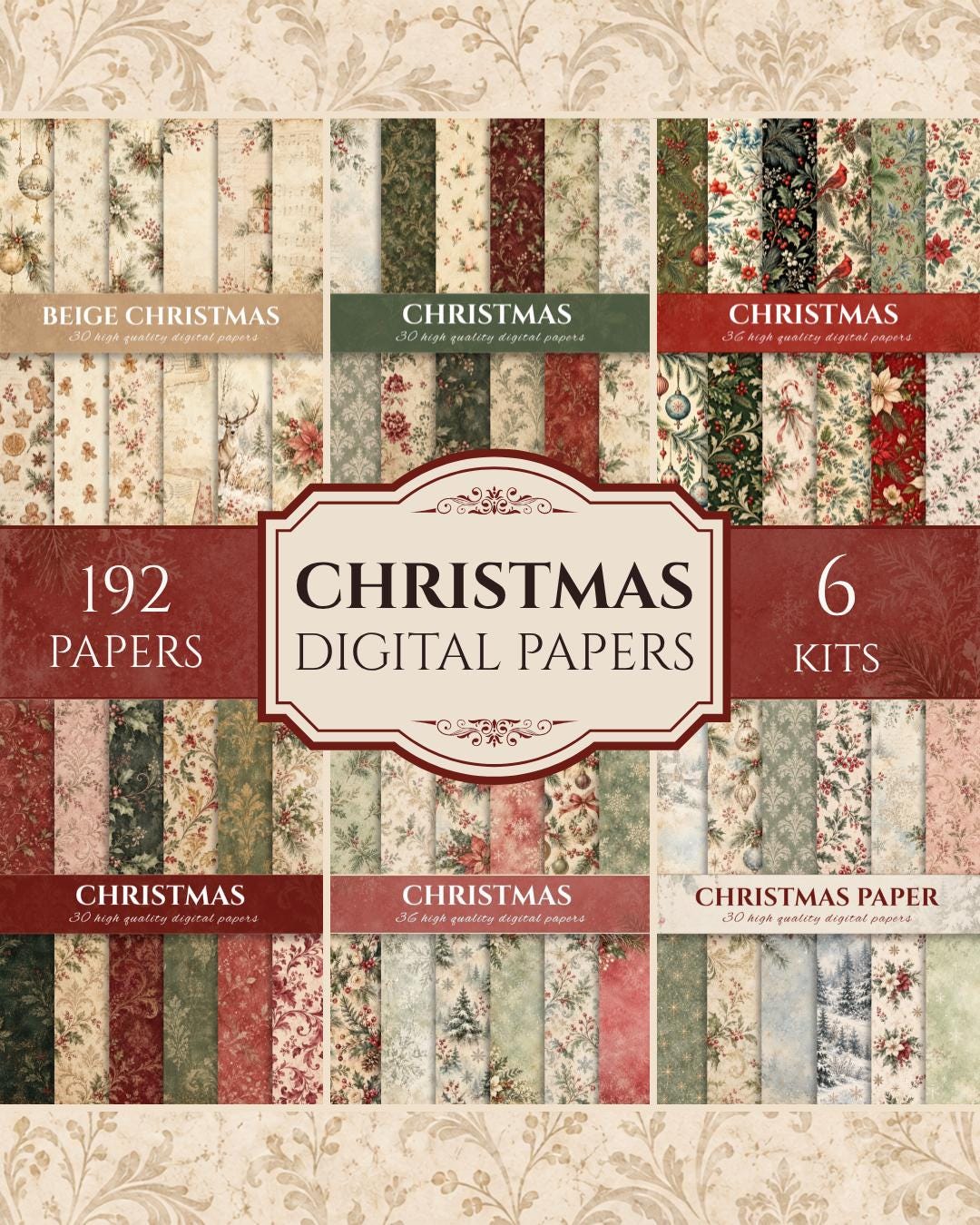 Retro Pattern Backing Paper Christmas Digital Paper Bundle | 192 Printable Papers | Vintage Winter ...