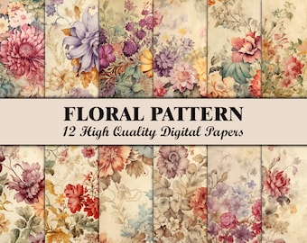 Può includere: Un set di 12 carte digitali con motivi floreali vintage in tonalità rosa, viola, giallo e verde. Le carte hanno un aspetto usurato e invecchiato e sono perfette per lo scrapbooking, la creazione di biglietti e altri progetti di artigianato.
