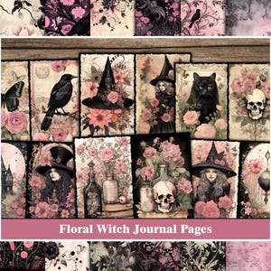 May include: A collage of digital printable journal pages featuring floral designs, witches, skulls, and black cats. The pages are in shades of pink, black, and white.