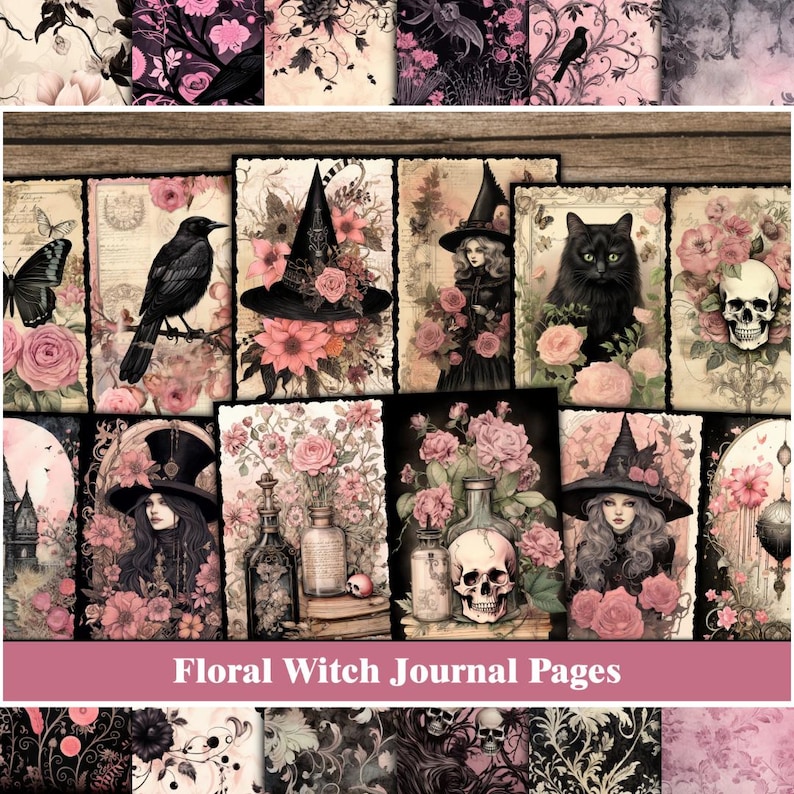 May include: A collage of digital printable journal pages featuring floral designs, witches, skulls, and black cats. The pages are in shades of pink, black, and white.