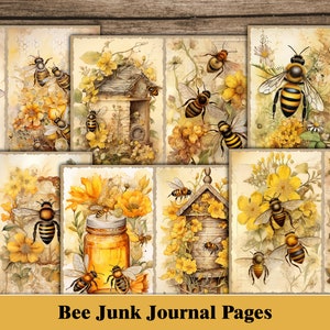Op de afbeelding: Een digitale collage van 10 afbeeldingen met bijen, honingraten, potten honing en bijenkorven. De afbeeldingen zijn in vintage stijl met een geel en bruin kleurenschema. De tekst "Bee Junk Journal Pages" staat onderaan de collage.