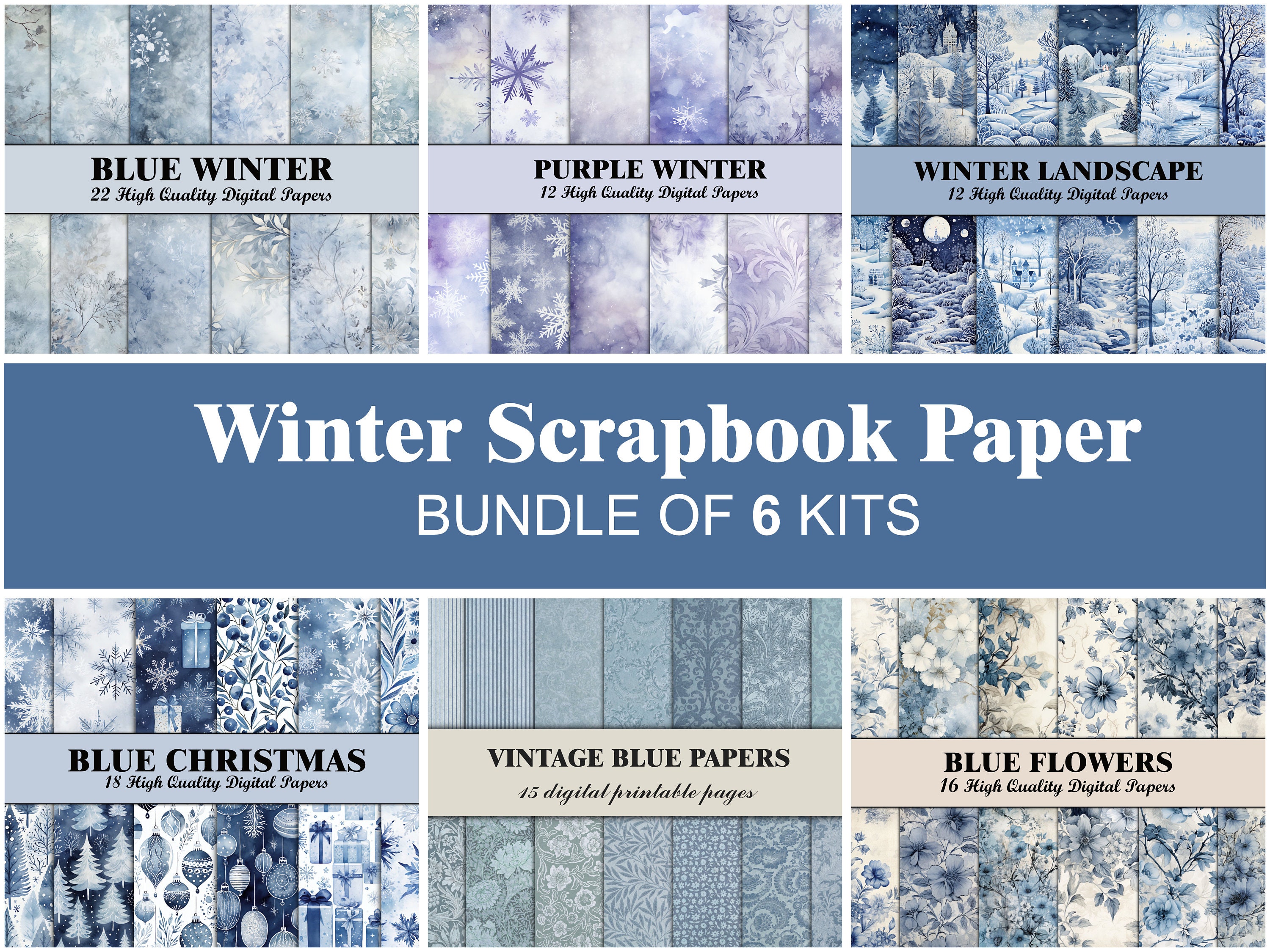 Winter Scrapbook Paper Blue Junk Journal Pages Winter Snowflake Junk ...