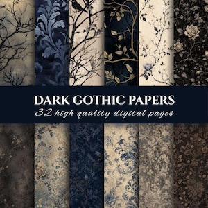 Può includere: Una collezione di 32 carte digitali con motivi gotici scuri tra cui rami d'albero spogli, intricati damaschi floreali, rose e uccelli in tonalità nero, blu navy e crema, con il testo DARK GOTHIC PAPERS 32 high quality digital pages.