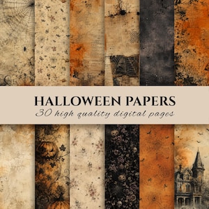 May include: A collection of 30 digital papers featuring Halloween themes including spider webs, pumpkins, skulls, bats, and a haunted house. The designs use a distressed, aged color palette of orange, black, and cream with various textures.