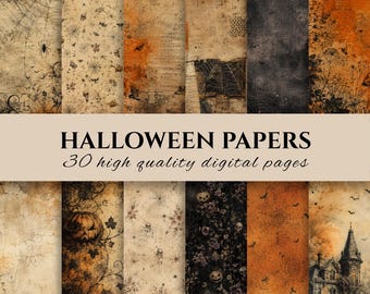 May include: A collection of 30 digital papers featuring Halloween themes including spider webs, pumpkins, skulls, bats, and a haunted house. The designs use a distressed, aged color palette of orange, black, and cream with various textures.
