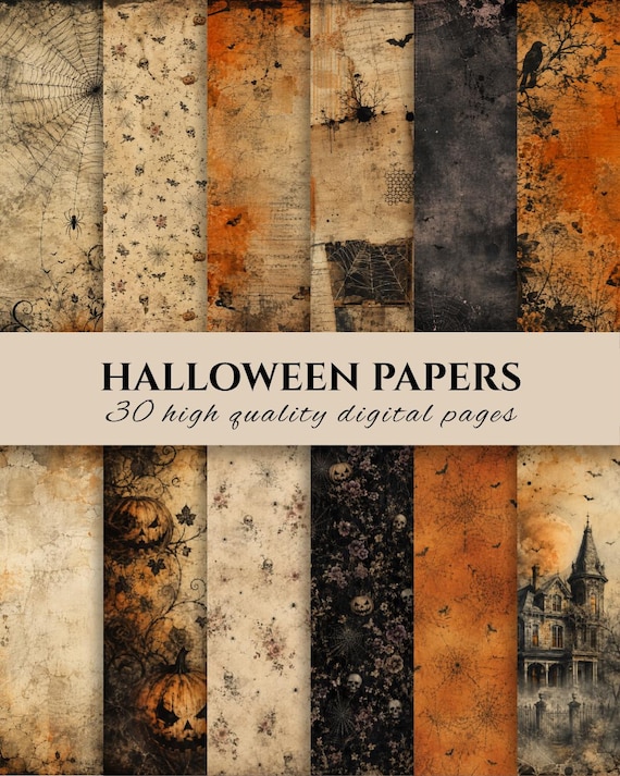 Halloween Scrapbook Paper, Halloween Junk Journal Pages, Printable Digital Papers Spooky Creepy, Scary, Dark Ephemera Orange Craft Supplies