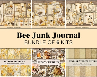 Bee Junk Journal Kit Folio Junk Journal Supplies Yellow Scrapbook Fussy Cuts Bee Ephemera Bundle Mini Junk Journal Tags Bee Embellishments