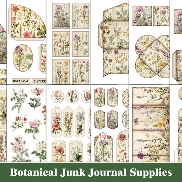 Botanical Junk Journal Kit Floral Junk Journal Supplies Green Forest Ephemera Nature Junk Journal TagsFussy Cut Flowers Craft Supplies