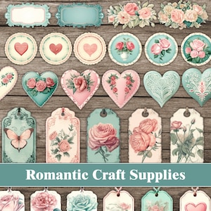 Valentine Junk Journal Supplies Tags Labels Romantic Printable Ephemera Love Valentine's Day Rose Shabby Chic Heart Scrapbook Paper Craft