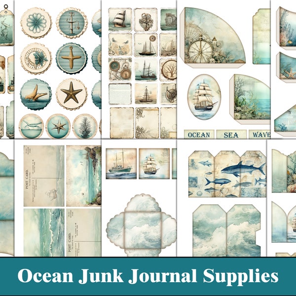 Ocean Junk Journal Kit Blue Junk Journal Supplies Tags Sea Nautical Ephemera Beach Marine Junk Journal Turquoise Craft Supplies Digital