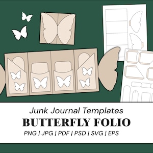 May include: A printable template for a butterfly-shaped junk journal folio. The template includes a butterfly design with wings that fold out to reveal pockets for storing notes and mementos. The template is available in PNG, JPG, PDF, PSD, SVG, and EPS formats.