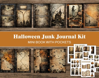 Halloween Junk Journal Kit Mini Junk Journal Ephemera Halloween afdrukbare digitale Kit Spooky Scrapbook Junk Journal Folio donkeroranje Craft