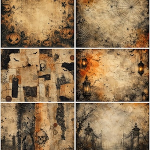 May include: A collection of six digital paper designs featuring distressed textures in shades of orange, black, and beige. The patterns include illustrations of jack-o'-lanterns, spider webs, hanging lanterns, bats, skulls, and wrought iron gates.