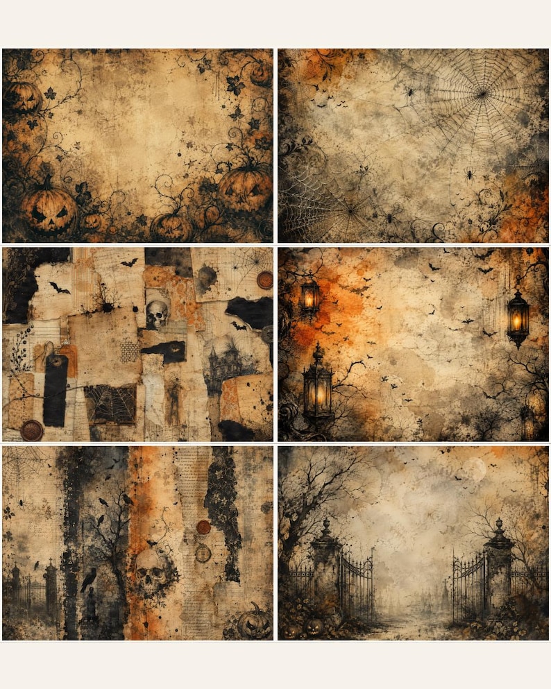 May include: A collection of six digital paper designs featuring distressed textures in shades of orange, black, and beige. The patterns include illustrations of jack-o'-lanterns, spider webs, hanging lanterns, bats, skulls, and wrought iron gates.