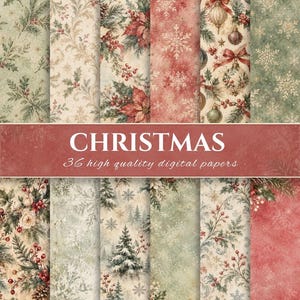 Puede incluir: Una colección de 36 papeles digitales con motivos navideños que incluyen flores de pascua, ramas de pino, bayas rojas, copos de nieve, adornos y árboles de invierno en tonos rojo, verde y crema con el texto CHRISTMAS 36 high quality digital papers.