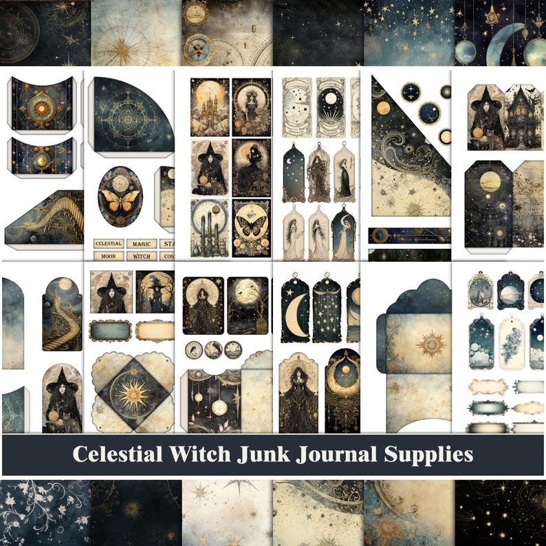 May include: A set of digital collage sheets featuring celestial and witchy themes. The sheets include images of moons, stars, butterflies, witches, and other magical elements. The text "Celestial Witch Junk Journal Supplies" is at the bottom of the image.