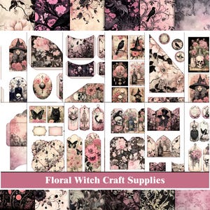 May include: A digital collage sheet with a floral witch theme. The sheet includes images of flowers, skulls, witches, butterflies, and other gothic elements in pink, black, and white.