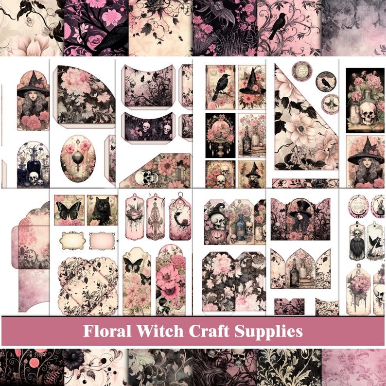 May include: A digital collage sheet with a floral witch theme. The sheet includes images of flowers, skulls, witches, butterflies, and other gothic elements in pink, black, and white.