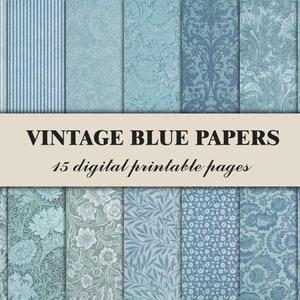 Vintage Blue Scrapbook Paper Floral Ornamental Pattern Ocean Junk Journal Pages Printable Digital Background Shabby Sky Blue Azure Turquoise