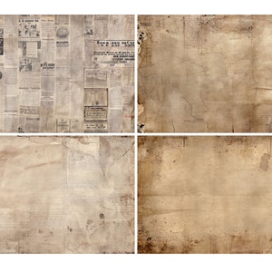 May include: Four different textures of aged paper, each with a unique pattern of wrinkles, creases, and faded ink. The top left image shows a newspaper with text and advertisements. The top right image shows a plain, aged paper with a crack running through it. The bottom left image shows a crumpled piece of paper with a faded background. The bottom right image shows a plain, aged paper with a faded background.